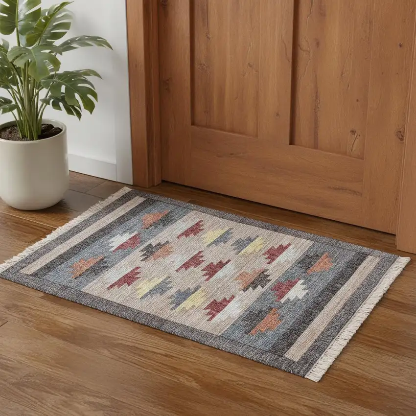 Blue Gray And Tan Tribal Hand Woven Area Rug With Fringe Photo 1