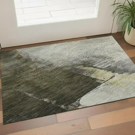Khaki And Beige Abstract Washable Area Rug With UV Protection Photo 2