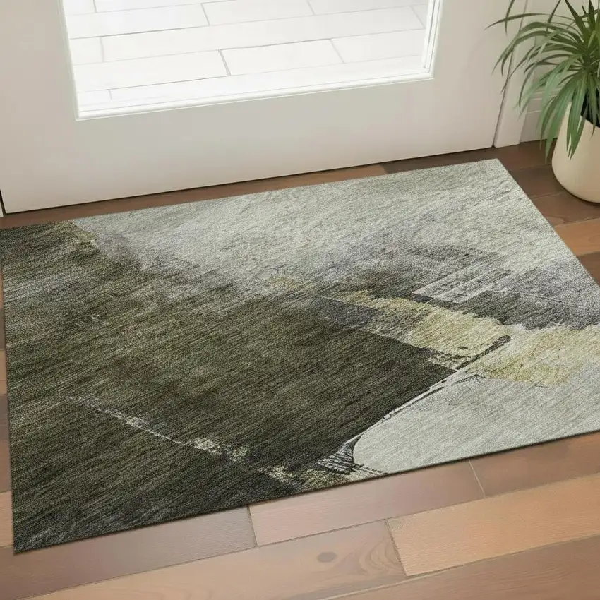 Khaki And Beige Abstract Washable Area Rug With UV Protection Photo 2