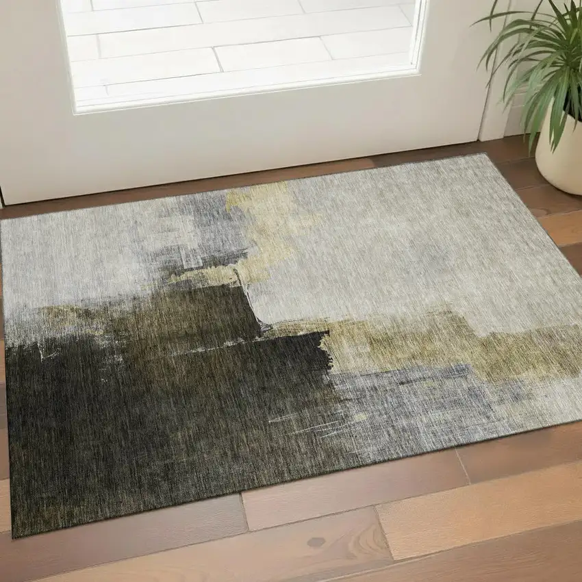 Khaki And Beige Abstract Washable Area Rug With UV Protection Photo 1