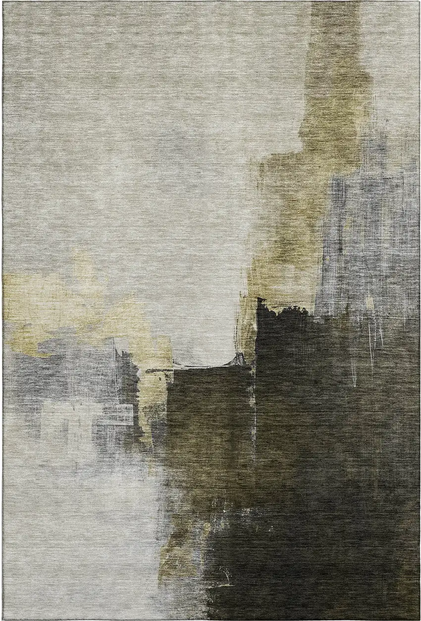 Khaki And Beige Abstract Washable Area Rug With UV Protection Photo 5