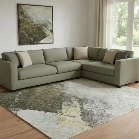 Khaki And Beige Abstract Washable Area Rug With UV Protection Photo 2