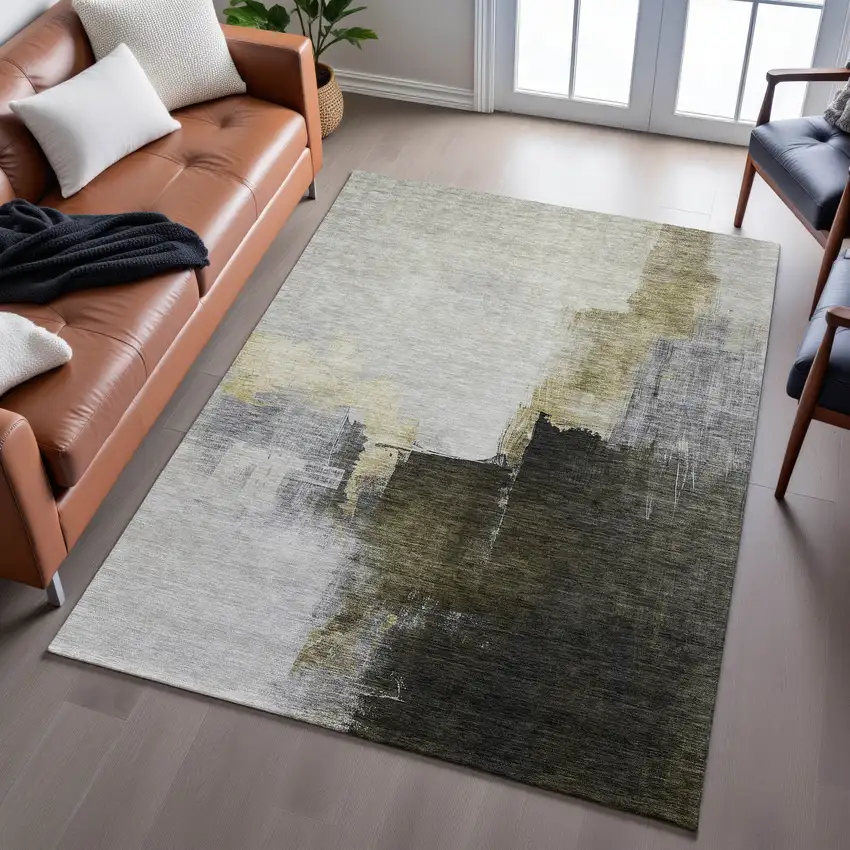 Khaki And Beige Abstract Washable Area Rug With UV Protection Photo 4