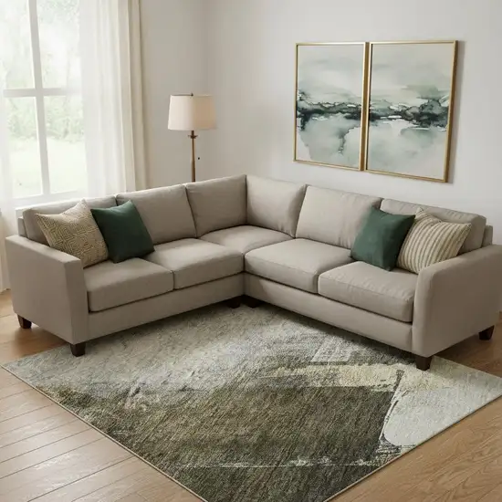 Khaki And Beige Abstract Washable Area Rug With UV Protection Photo 2