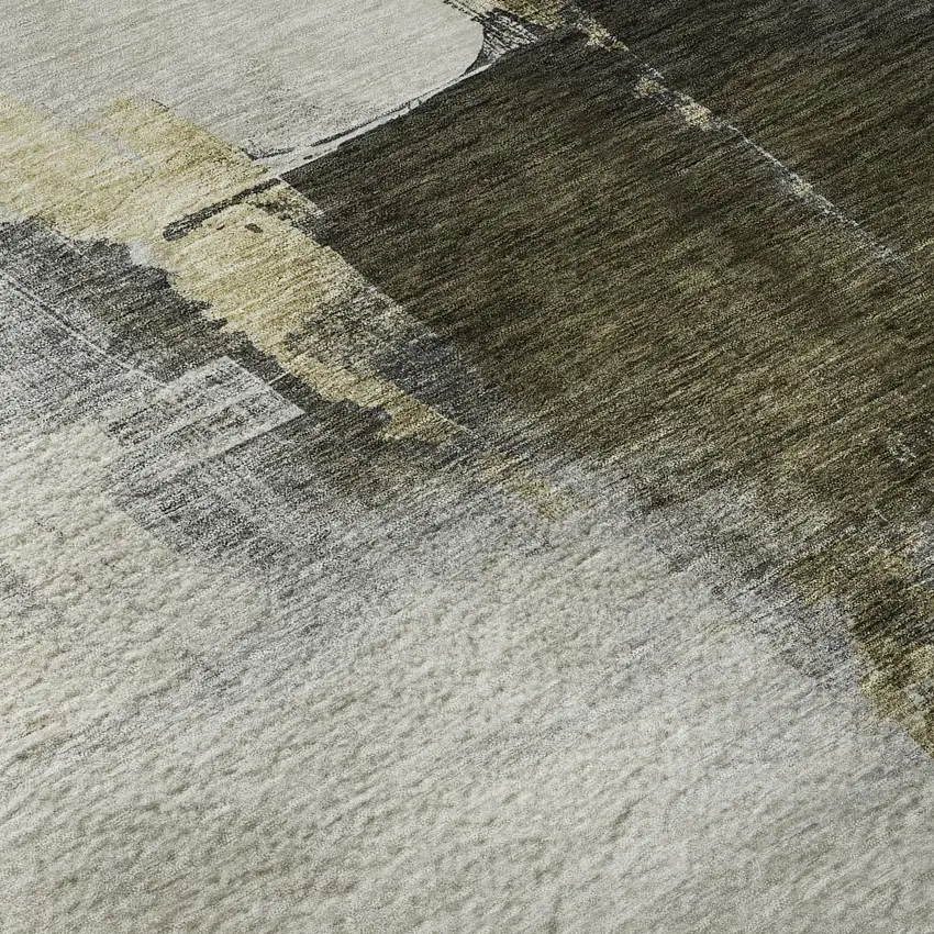 Khaki And Beige Abstract Washable Area Rug With UV Protection Photo 1