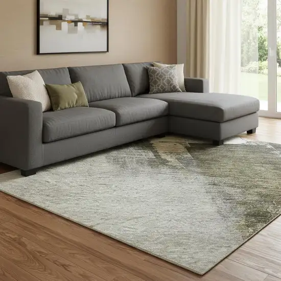 Khaki And Beige Abstract Washable Area Rug With UV Protection Photo 2