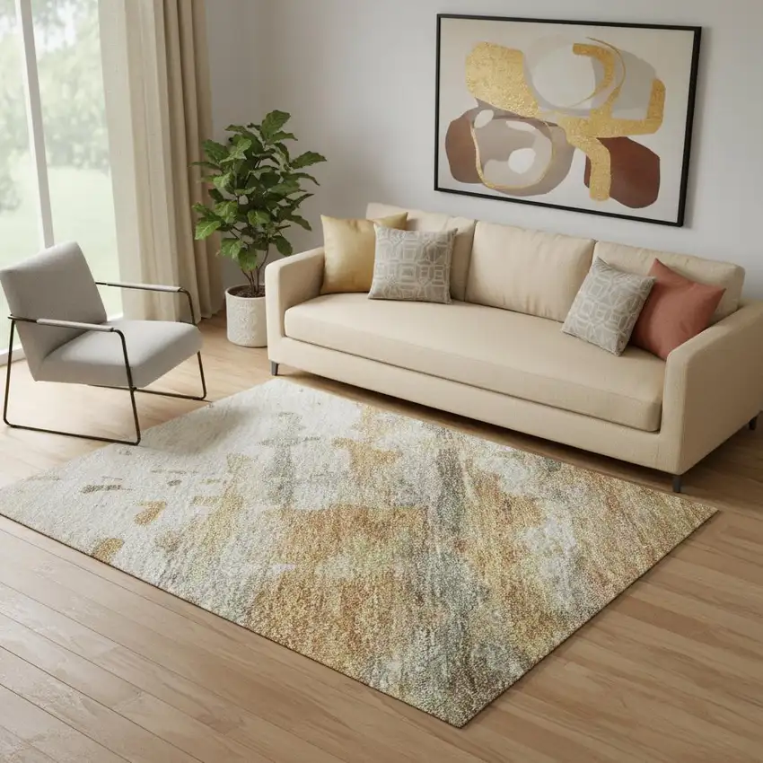 Khaki And Beige Abstract Washable Area Rug With UV Protection Photo 2
