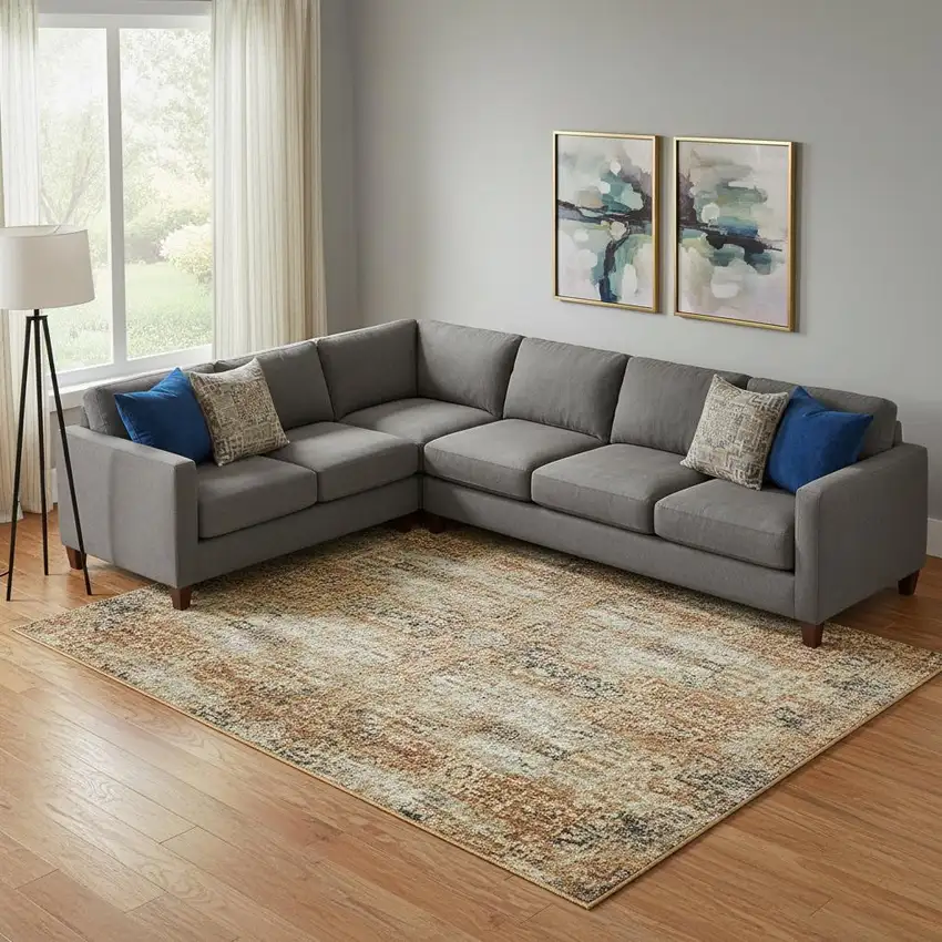 Khaki And Beige Abstract Washable Area Rug With UV Protection Photo 2