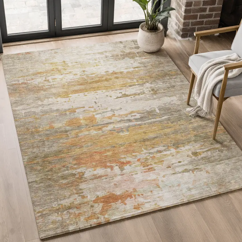 Khaki And Beige Abstract Washable Area Rug With UV Protection Photo 4