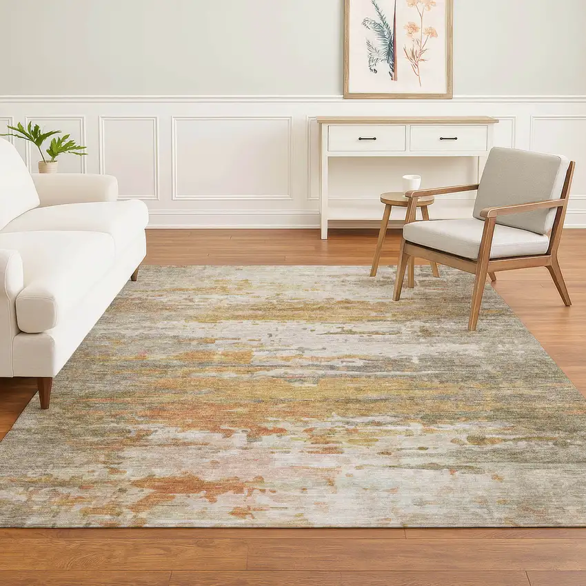 Khaki And Beige Abstract Washable Area Rug With UV Protection Photo 4