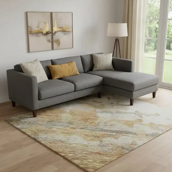 Khaki And Beige Abstract Washable Area Rug With UV Protection Photo 1