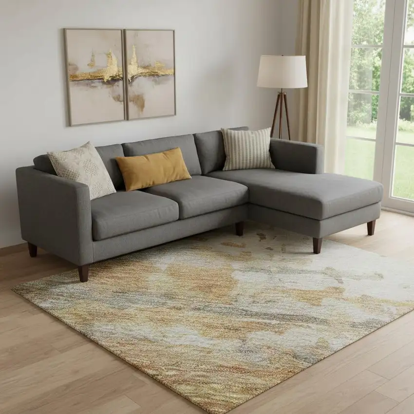 Khaki And Beige Abstract Washable Area Rug With UV Protection Photo 1