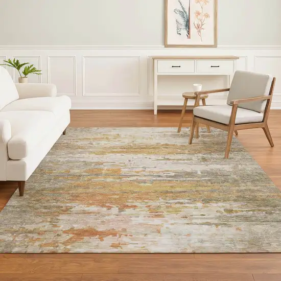 Khaki And Beige Abstract Washable Area Rug With UV Protection Photo 4
