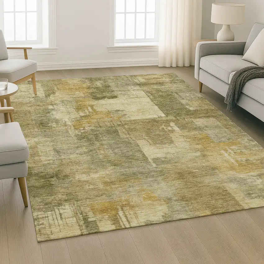 Khaki And Beige Abstract Washable Area Rug With UV Protection Photo 5