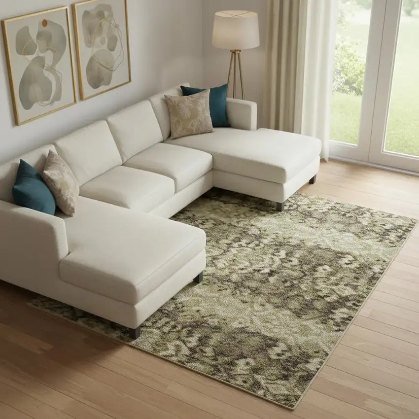 Khaki And Beige Abstract Washable Area Rug With UV Protection Photo 2