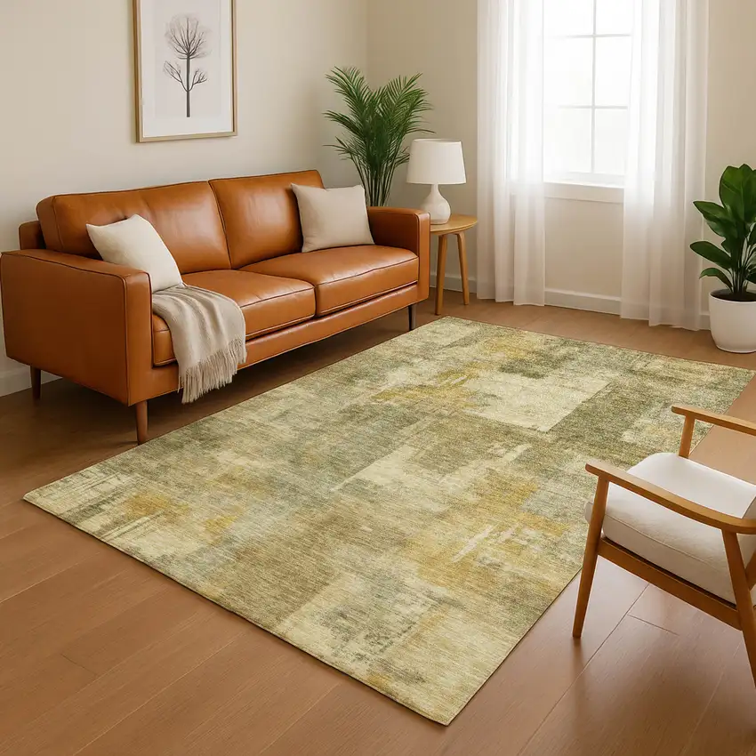Khaki And Beige Abstract Washable Area Rug With UV Protection Photo 4