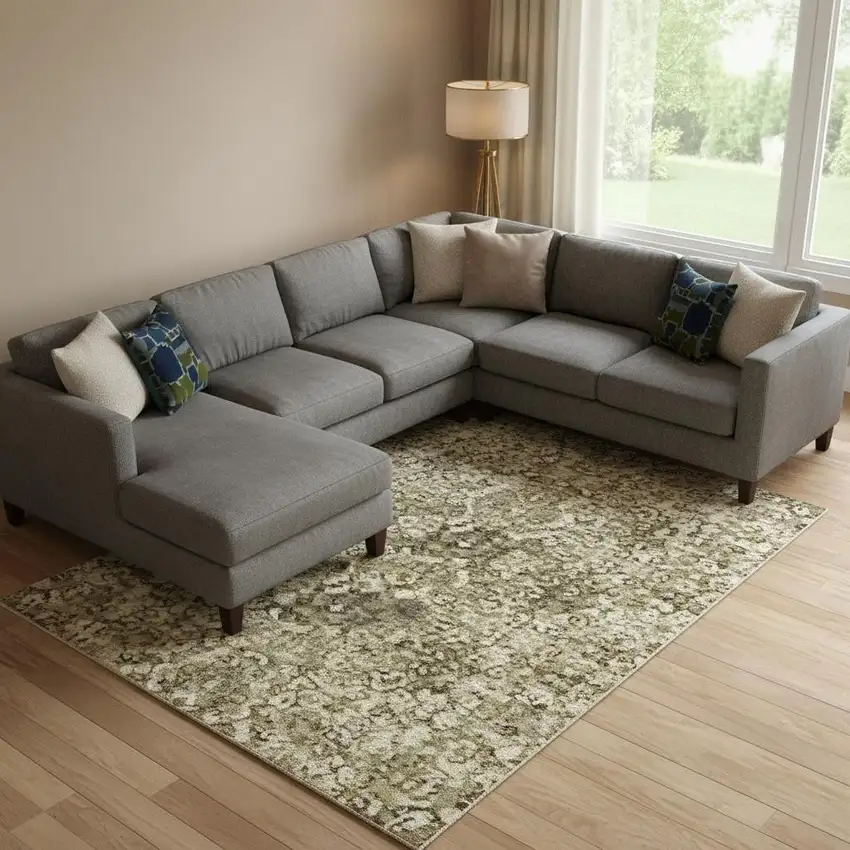 Khaki And Beige Abstract Washable Area Rug With UV Protection Photo 1