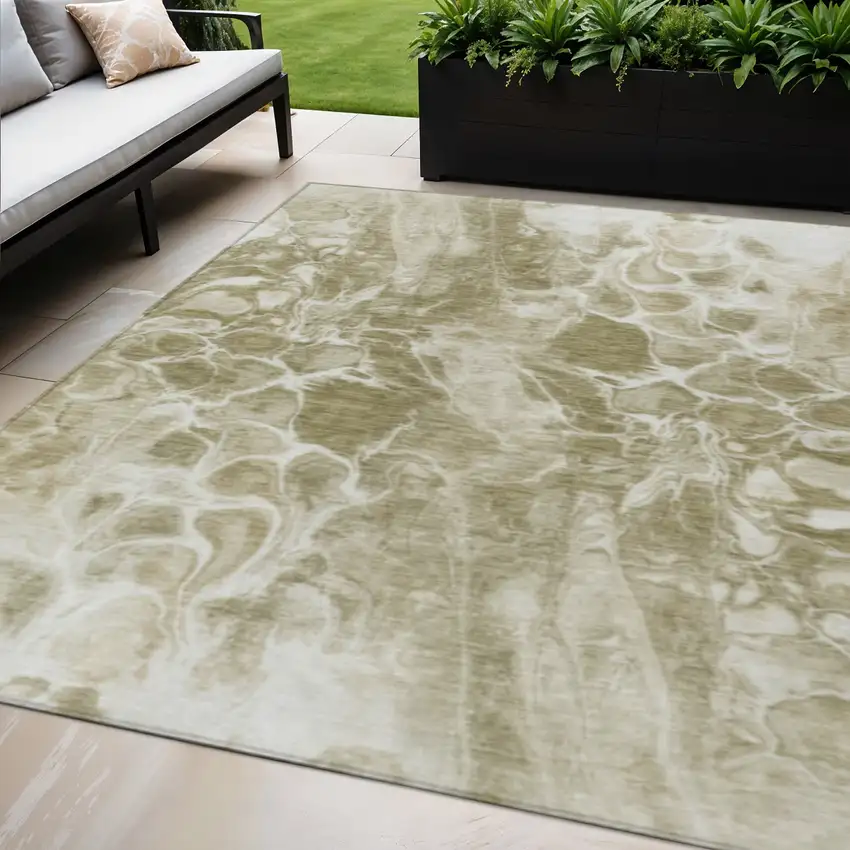 Khaki And Beige Abstract Washable Indoor Outdoor Area Rug Photo 2