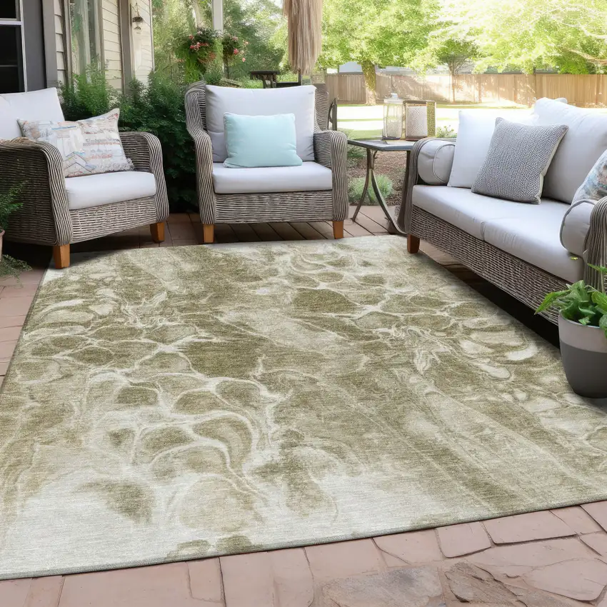 Khaki And Beige Abstract Washable Indoor Outdoor Area Rug Photo 3