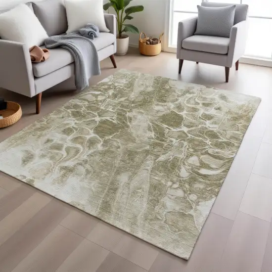 Khaki And Beige Abstract Washable Indoor Outdoor Area Rug Photo 6
