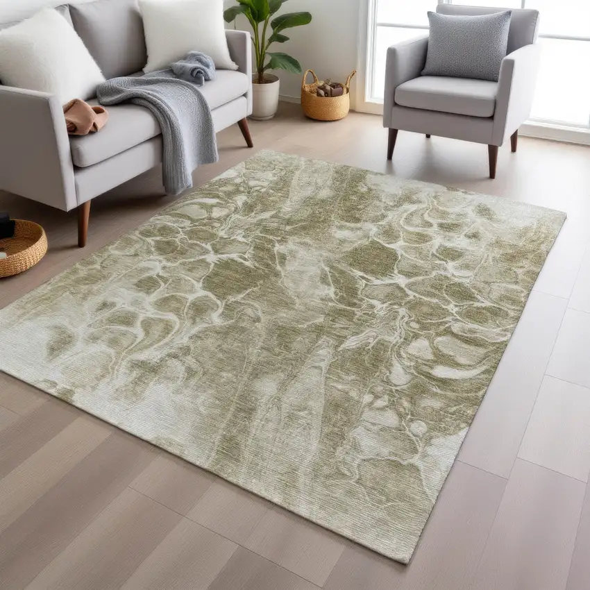 Khaki And Beige Abstract Washable Indoor Outdoor Area Rug Photo 6