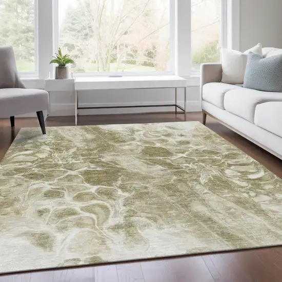 Khaki And Beige Abstract Washable Indoor Outdoor Area Rug Photo 6