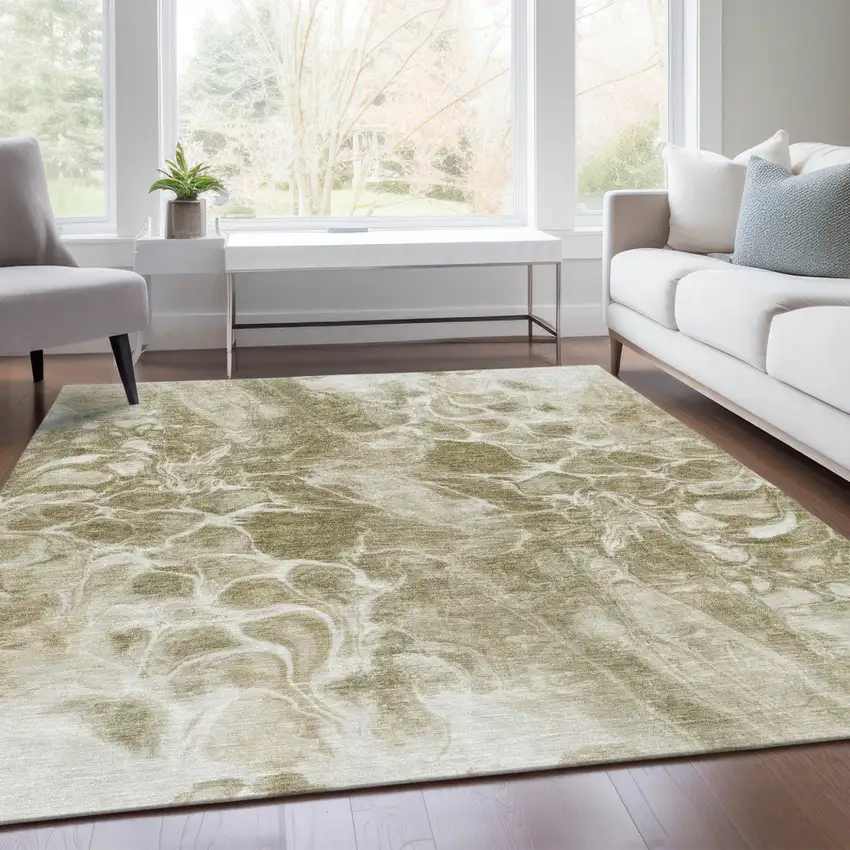 Khaki And Beige Abstract Washable Indoor Outdoor Area Rug Photo 6