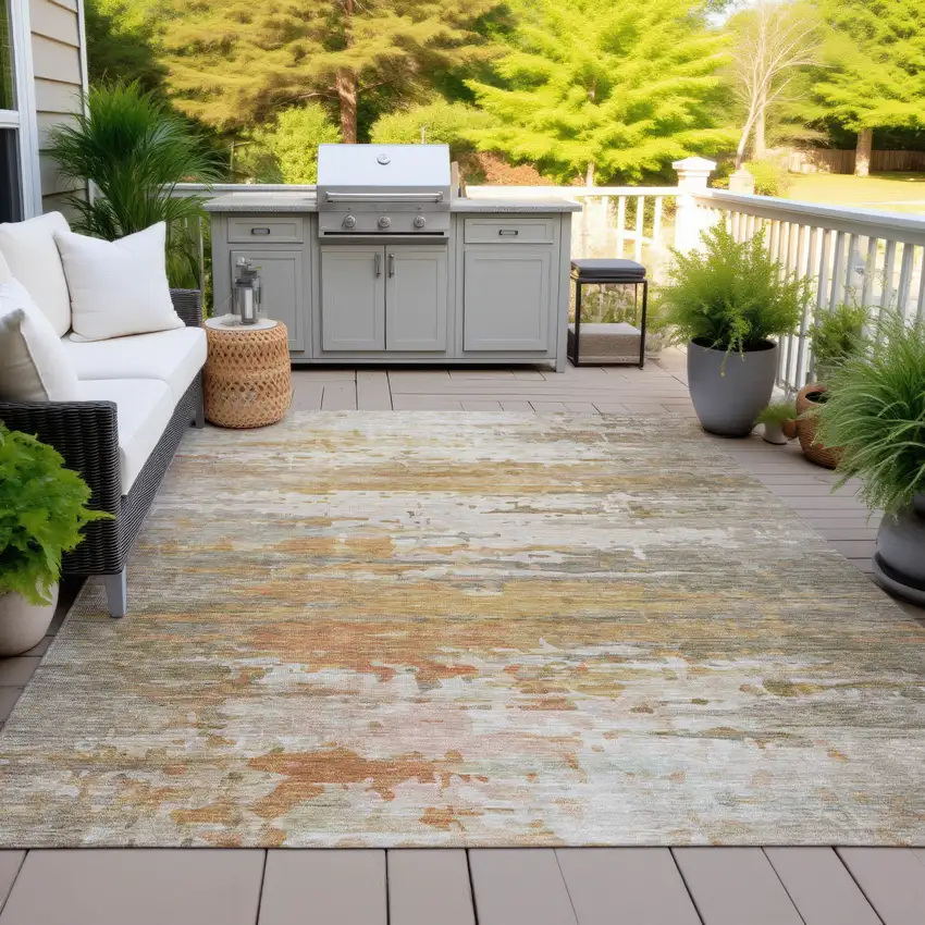 Khaki And Beige Abstract Washable Indoor Outdoor Area Rug Photo 5