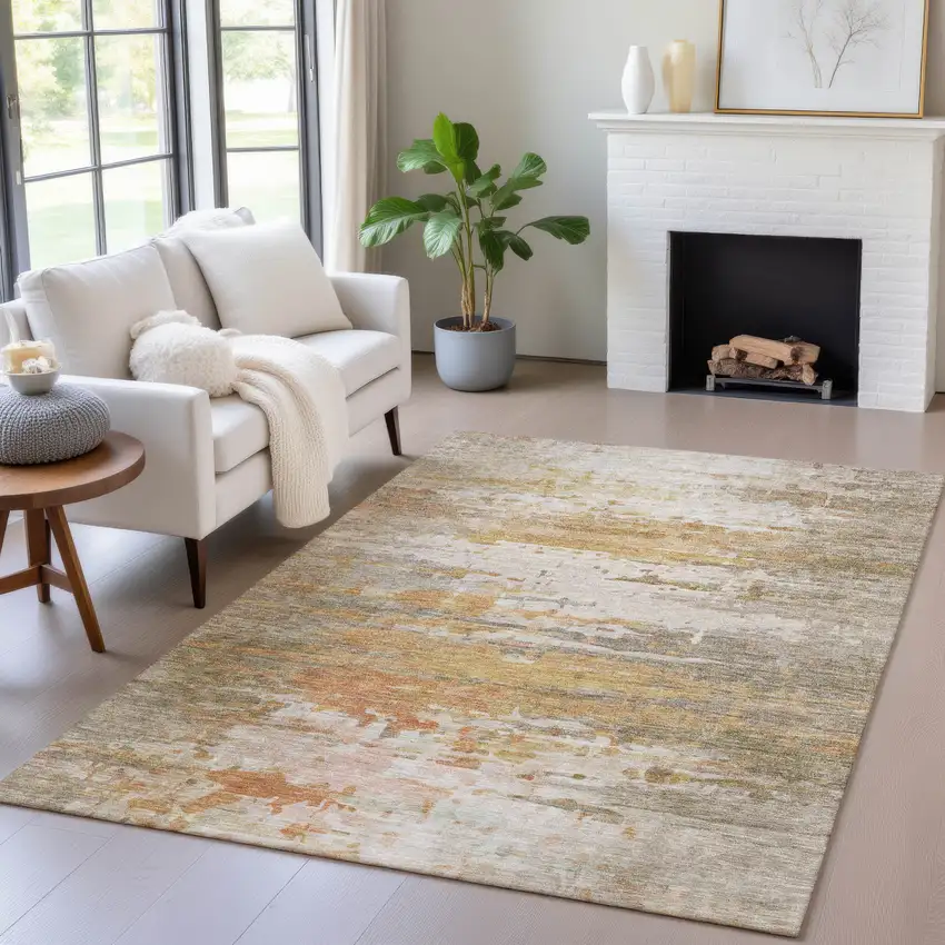 Khaki And Beige Abstract Washable Indoor Outdoor Area Rug Photo 6
