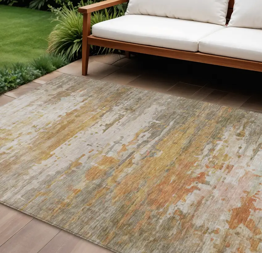 Khaki And Beige Abstract Washable Indoor Outdoor Area Rug Photo 2