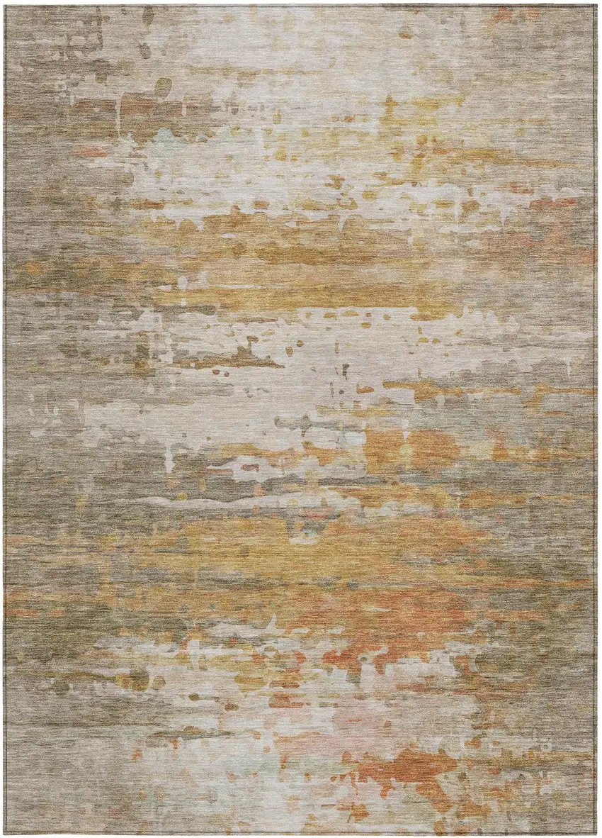 Khaki And Beige Abstract Washable Indoor Outdoor Area Rug Photo 1