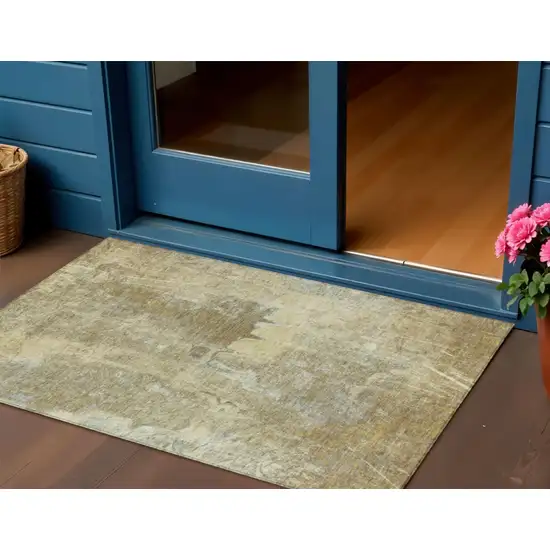 Khaki And Beige Abstract Washable Indoor Outdoor Area Rug Photo 1