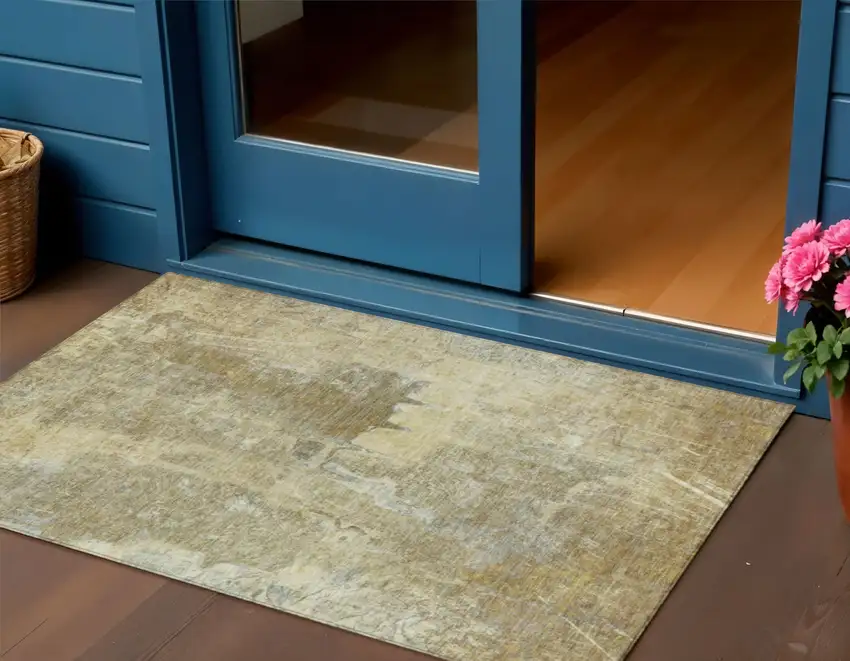 Khaki And Beige Abstract Washable Indoor Outdoor Area Rug Photo 1