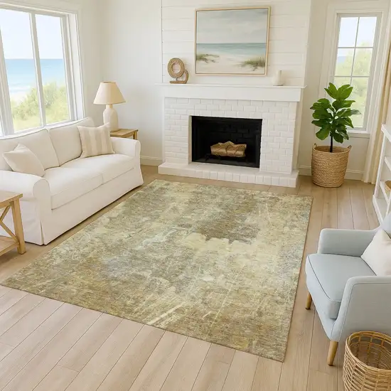 Khaki And Beige Abstract Washable Indoor Outdoor Area Rug Photo 8