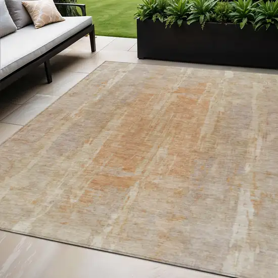 Khaki And Beige Abstract Washable Indoor Outdoor Area Rug Photo 1