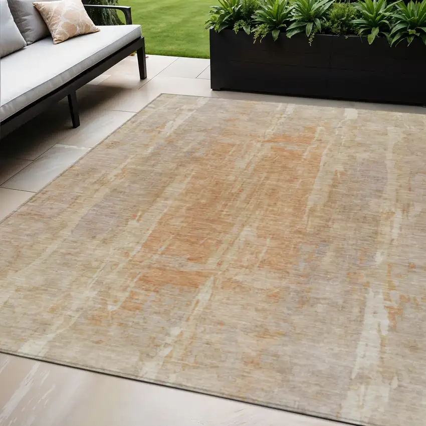 Khaki And Beige Abstract Washable Indoor Outdoor Area Rug Photo 1