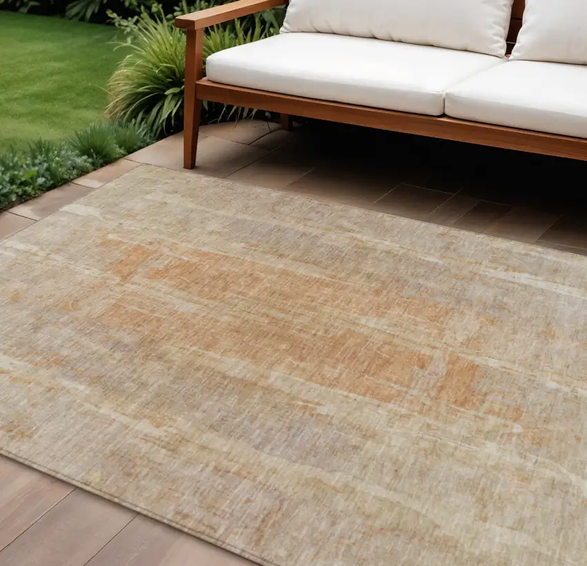 Khaki And Beige Abstract Washable Indoor Outdoor Area Rug Photo 1