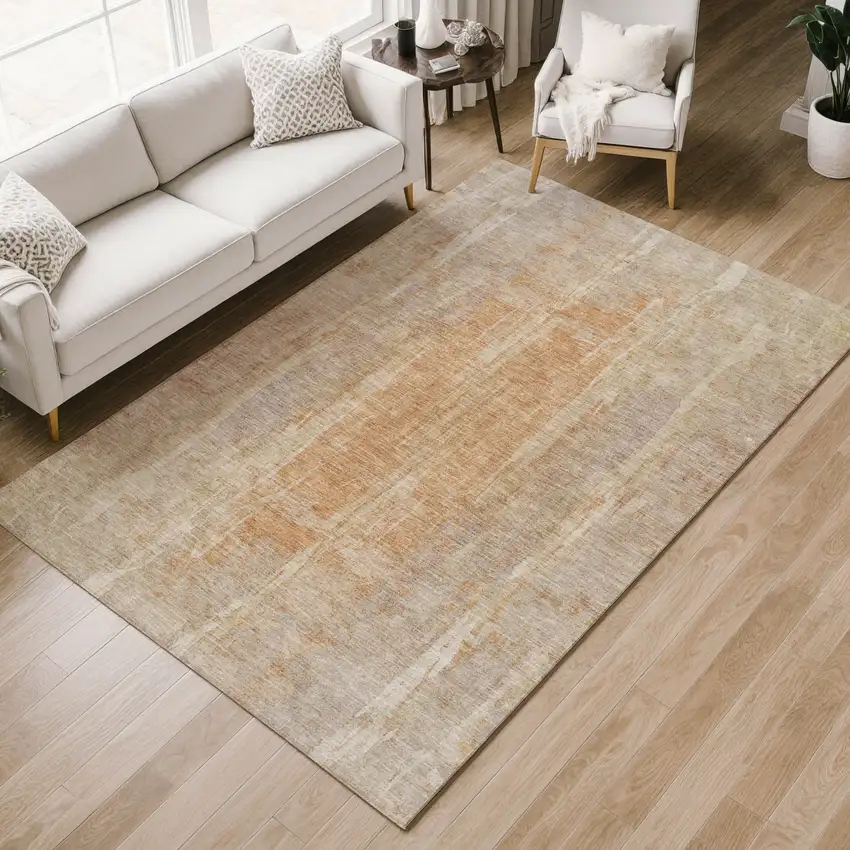Khaki And Beige Abstract Washable Indoor Outdoor Area Rug Photo 9