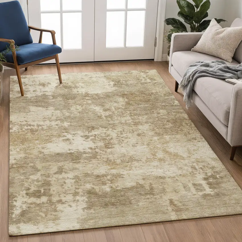 Khaki And Beige Abstract Washable Indoor Outdoor Area Rug Photo 4