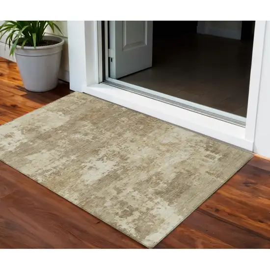 Khaki And Beige Abstract Washable Indoor Outdoor Area Rug Photo 1