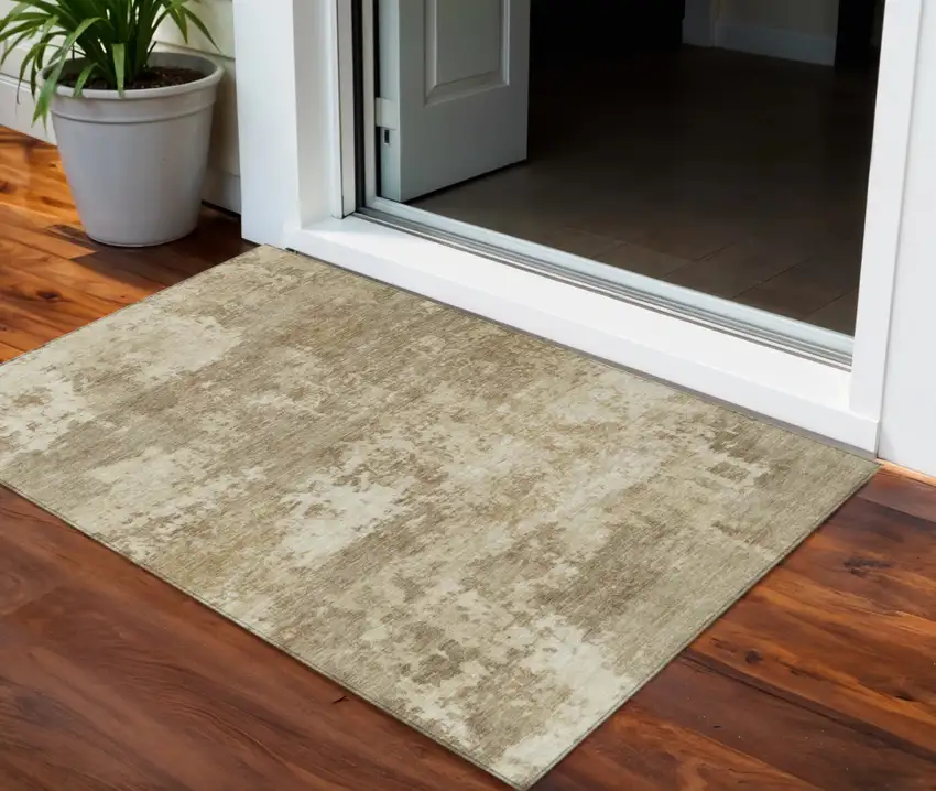 Khaki And Beige Abstract Washable Indoor Outdoor Area Rug Photo 1