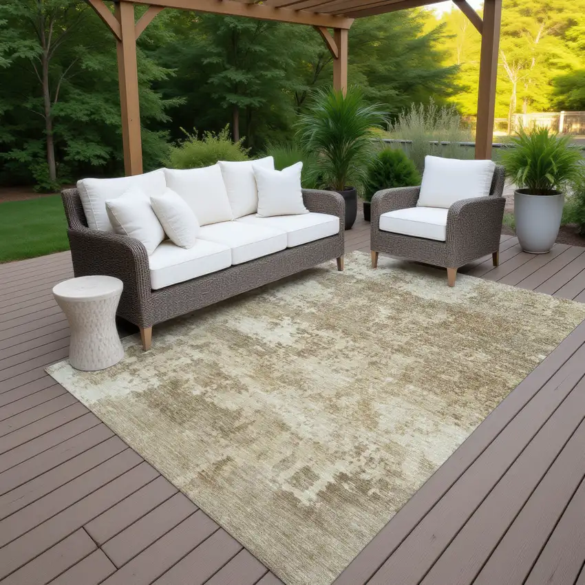 Khaki And Beige Abstract Washable Indoor Outdoor Area Rug Photo 7