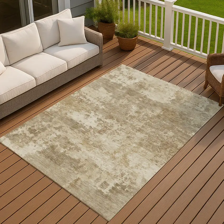 Khaki And Beige Abstract Washable Indoor Outdoor Area Rug Photo 4