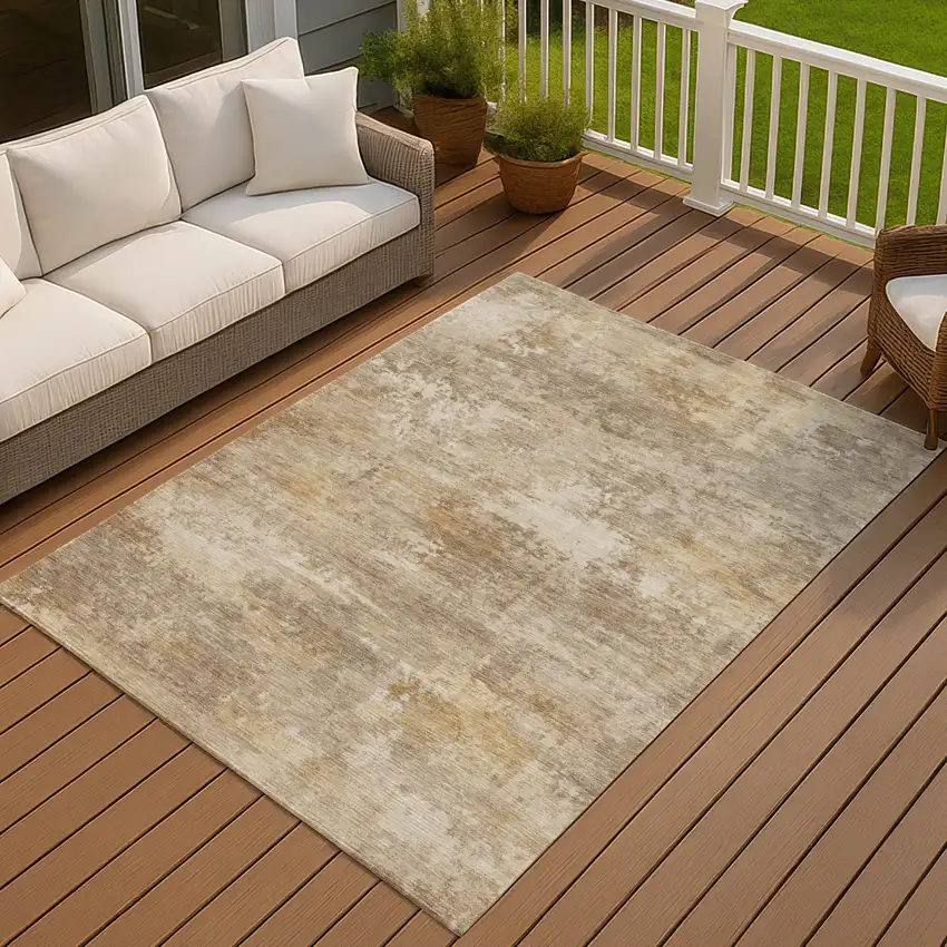 Khaki And Beige Abstract Washable Indoor Outdoor Area Rug Photo 5