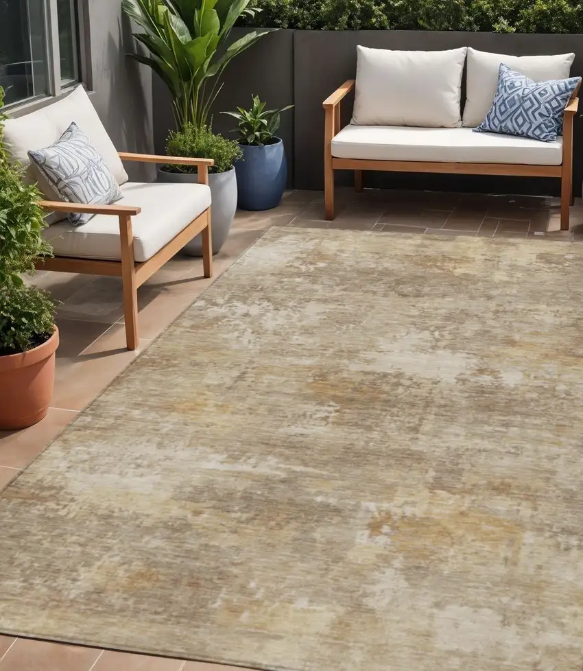Khaki And Beige Abstract Washable Indoor Outdoor Area Rug Photo 1