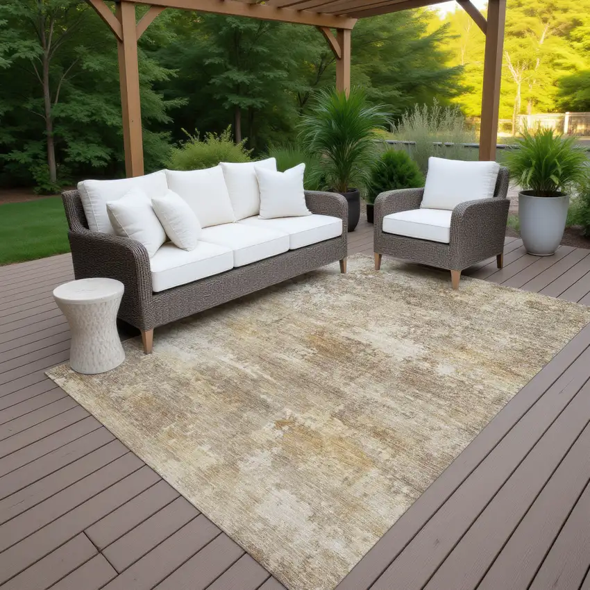 Khaki And Beige Abstract Washable Indoor Outdoor Area Rug Photo 7