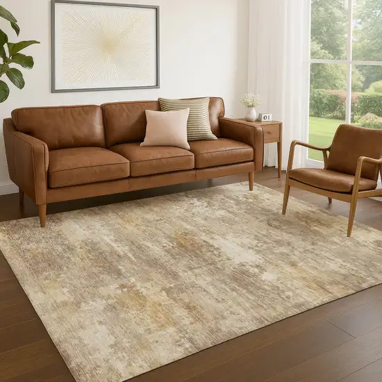 Khaki And Beige Abstract Washable Indoor Outdoor Area Rug Photo 4
