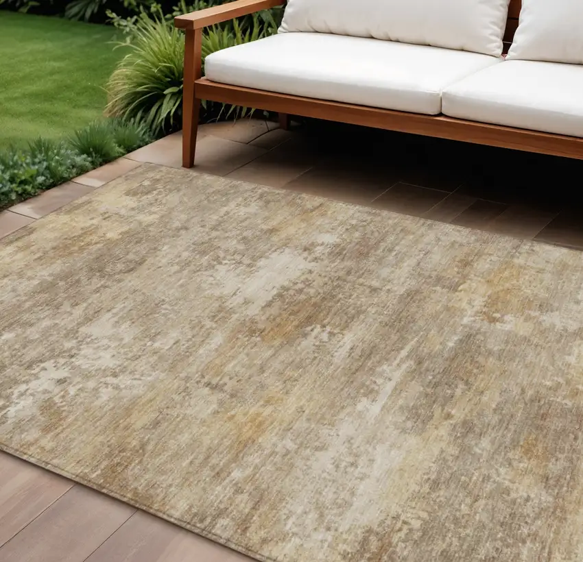 Khaki And Beige Abstract Washable Indoor Outdoor Area Rug Photo 1