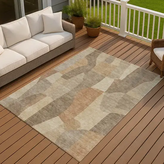 Khaki And Beige Abstract Washable Indoor Outdoor Area Rug Photo 6