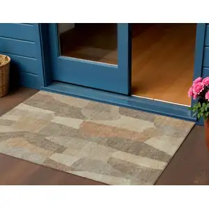 Photo of Khaki And Beige Abstract Washable Indoor Outdoor Area Rug